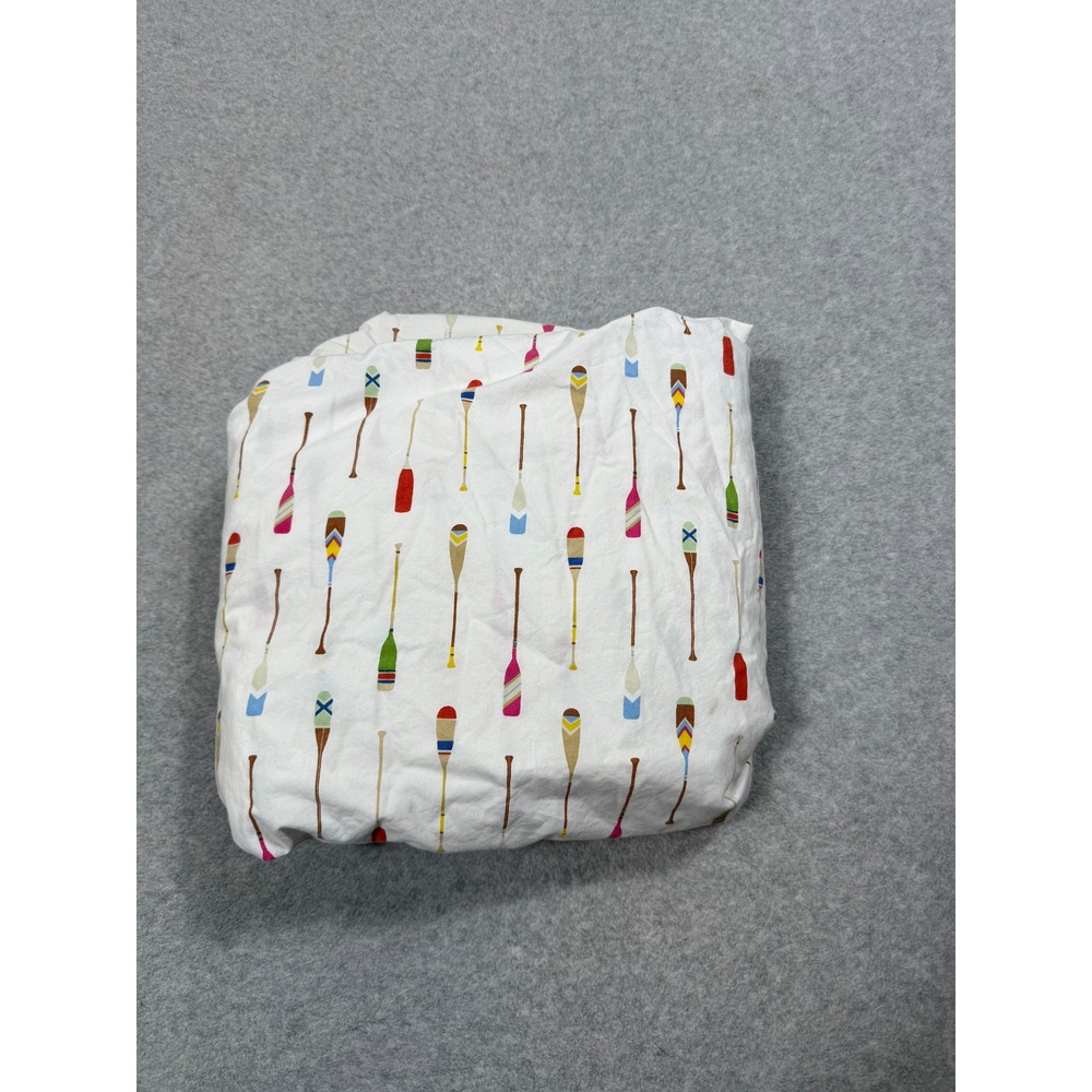 Pottery Barn Full Fitted Sheet 100% Organic Cotton Oar Paddle Print White Multi